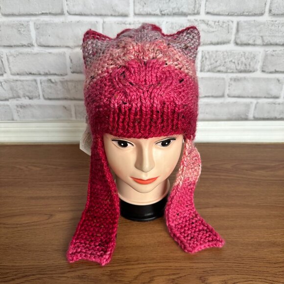 ⭐Unique Hand-Knit Pink Cat Ear Earflap Winter Hat Handmade Cozy Gift for Her New - Picture 2 of 7